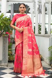 Coral Red Lichi Silk Saree with Rich Golden Zari Work - Red