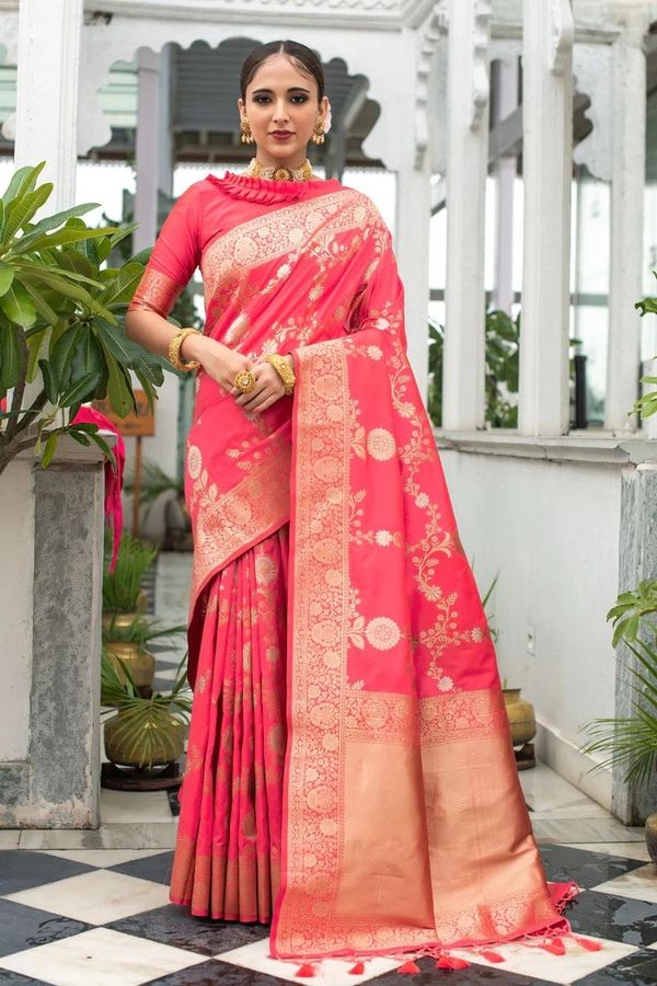 Coral Red Lichi Silk Saree with Rich Golden Zari Work