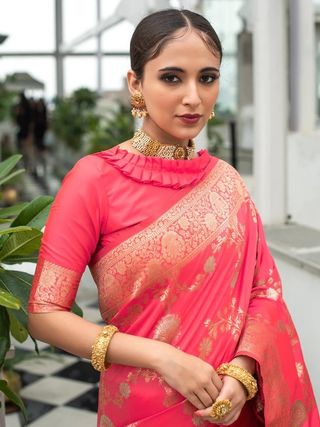Coral Red Lichi Silk Saree with Rich Golden Zari Work