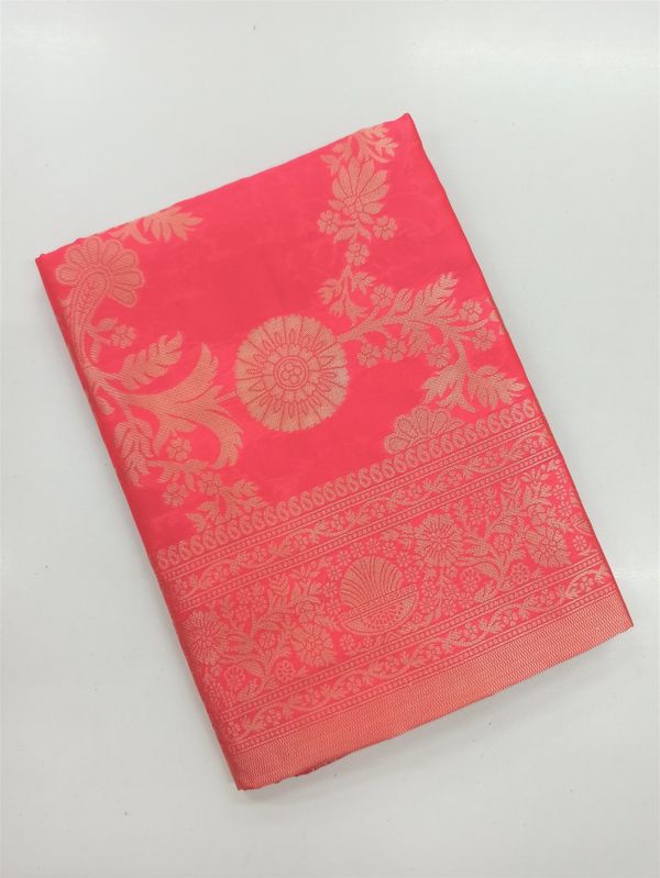 Coral Red Lichi Silk Saree with Rich Golden Zari Work