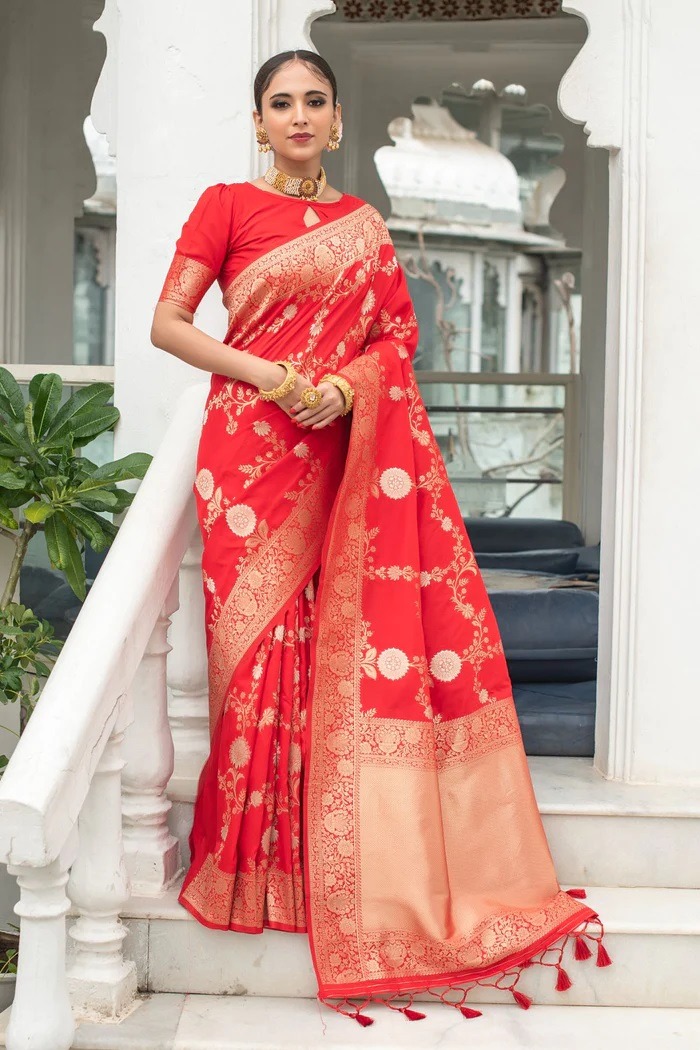 Coral Red Lichi Silk Saree with Rich Golden Zari Work