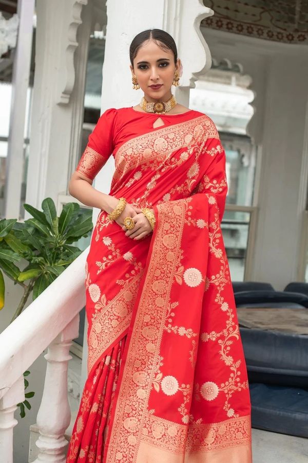 Coral Red Lichi Silk Saree with Rich Golden Zari Work