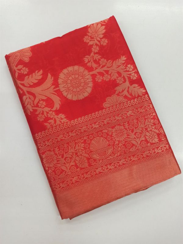 Coral Red Lichi Silk Saree with Rich Golden Zari Work