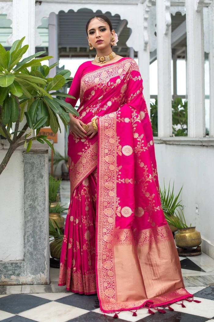 Rani Pink Lichi Silk Saree with Rich Golden Zari Work
