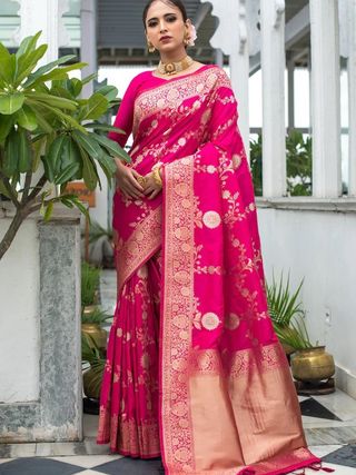 Rani Pink Lichi Silk Saree with Rich Golden Zari Work
