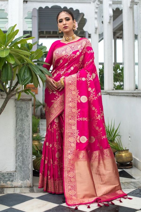 Rani Pink Lichi Silk Saree with Rich Golden Zari Work