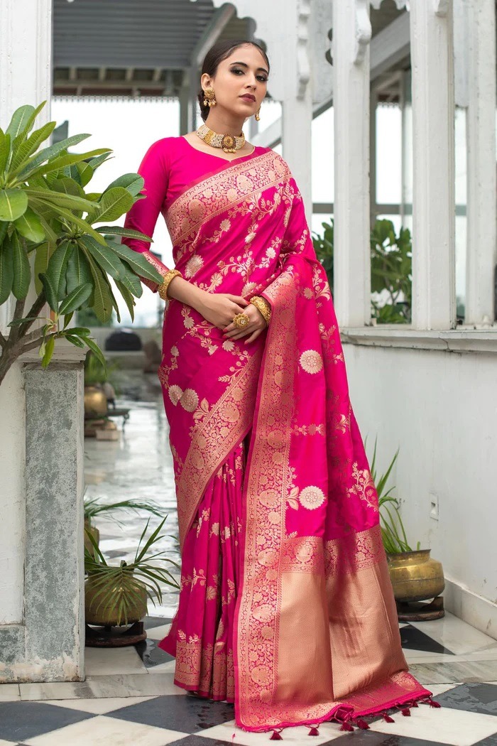 Rani Pink Lichi Silk Saree with Rich Golden Zari Work