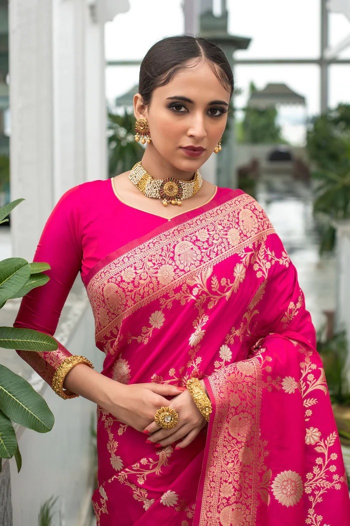 Rani Pink Lichi Silk Saree with Rich Golden Zari Work