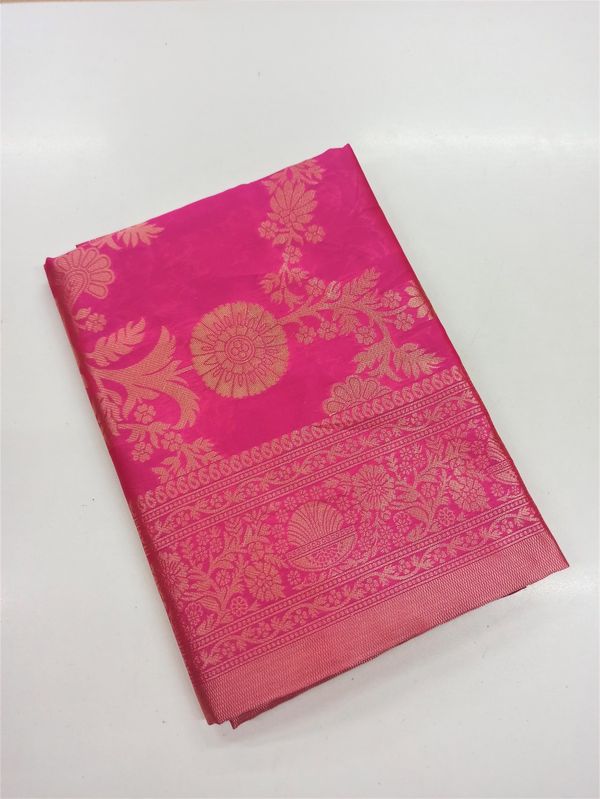 Rani Pink Lichi Silk Saree with Rich Golden Zari Work