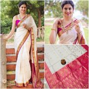 White Pink Lichi Silk Saree with Rich Golden Zari Work - White