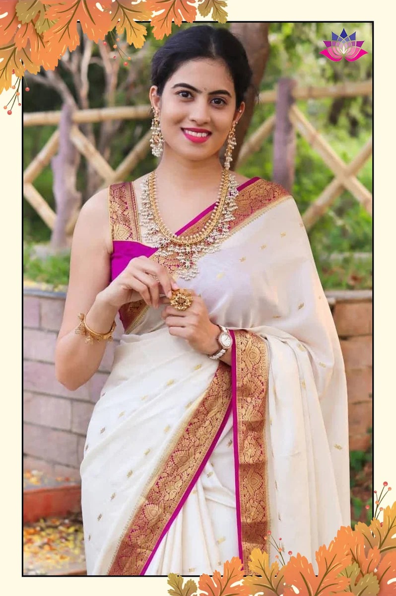 White Pink Lichi Silk Saree with Rich Golden Zari Work