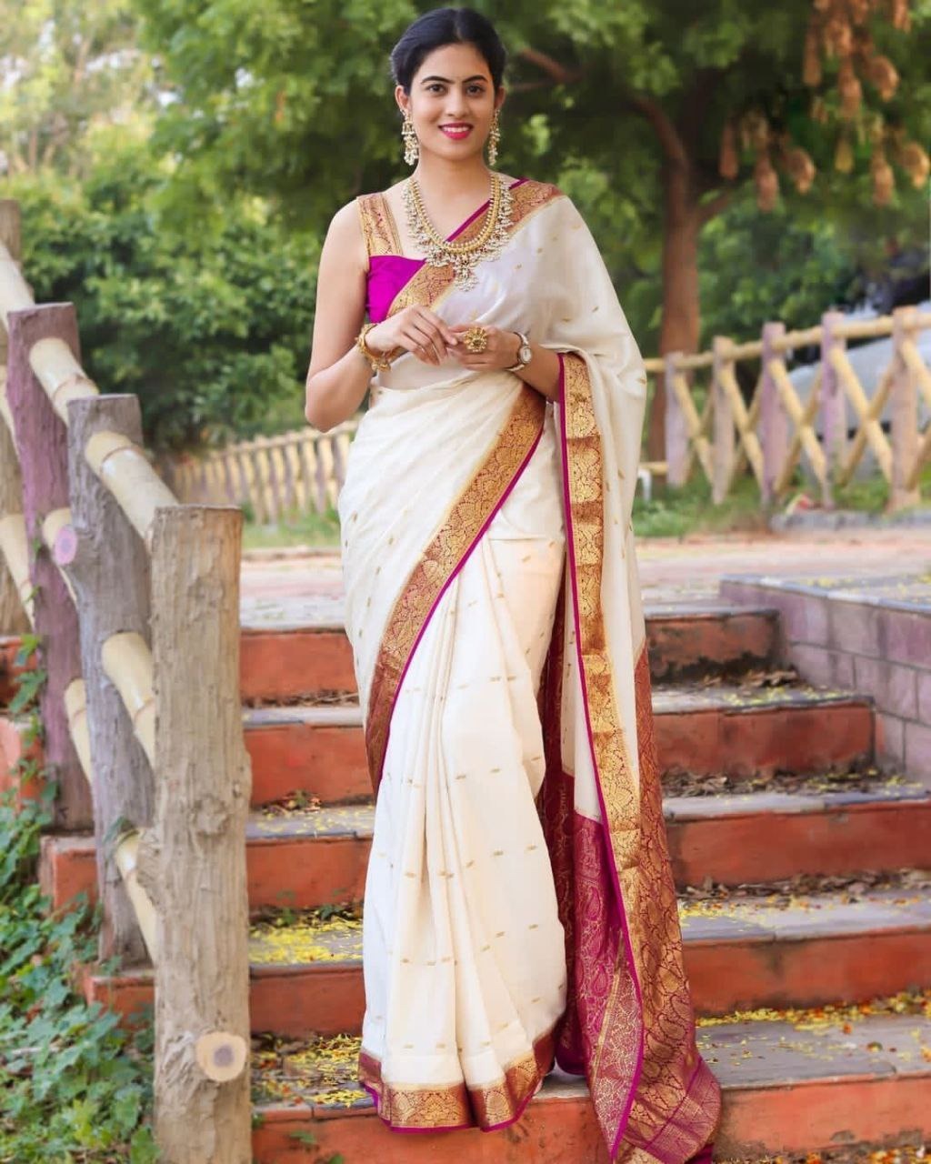 White Pink Lichi Silk Saree with Rich Golden Zari Work