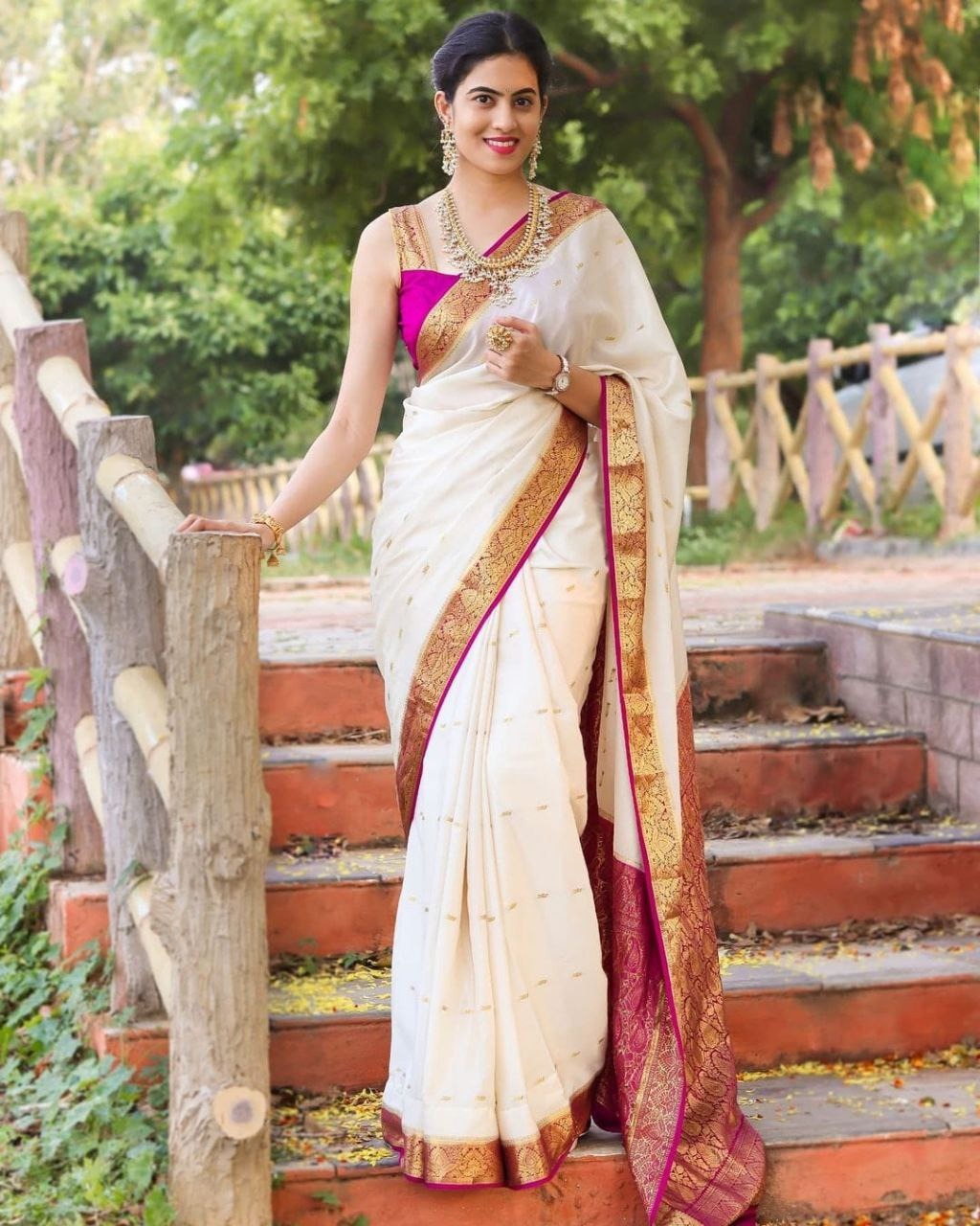 White Pink Lichi Silk Saree with Rich Golden Zari Work