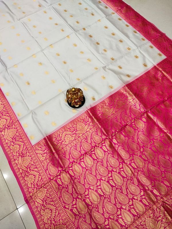 White Pink Lichi Silk Saree with Rich Golden Zari Work