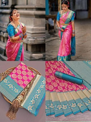Pink Lichi Silk Saree with Teal Border & Zari Weaving