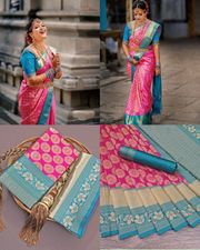 Pink Lichi Silk Saree with Teal Border & Zari Weaving - Pink