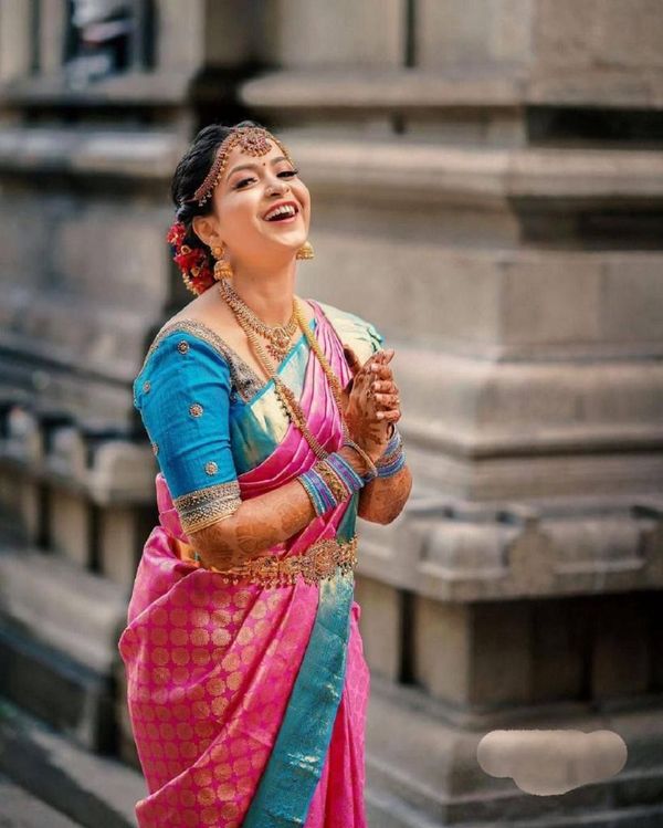 Pink Lichi Silk Saree with Teal Border & Zari Weaving