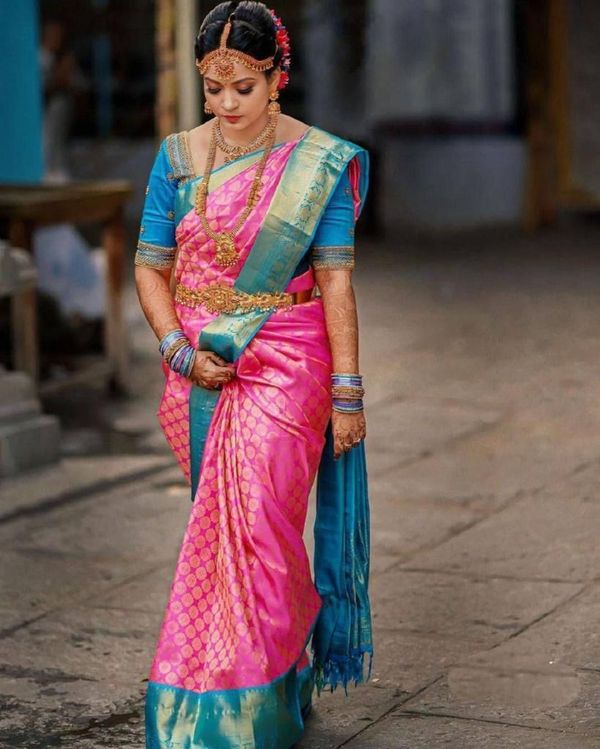 Pink Lichi Silk Saree with Teal Border & Zari Weaving
