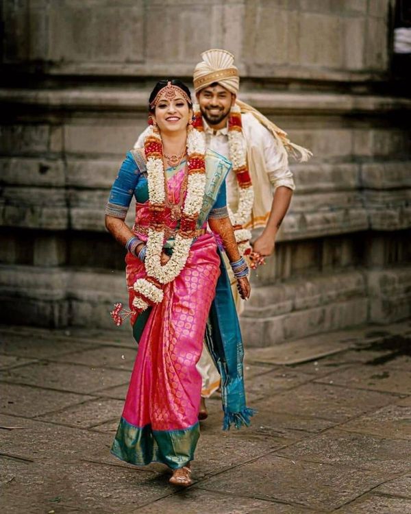 Pink Lichi Silk Saree with Teal Border & Zari Weaving