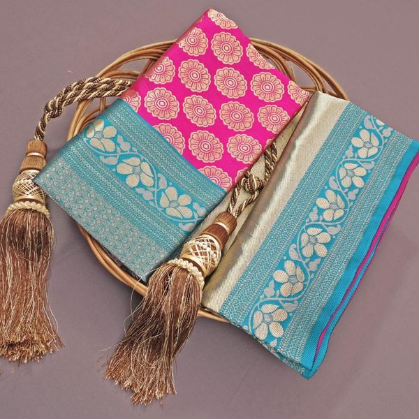 Pink Lichi Silk Saree with Teal Border & Zari Weaving