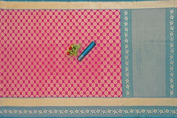 Pink Lichi Silk Saree with Teal Border & Zari Weaving
