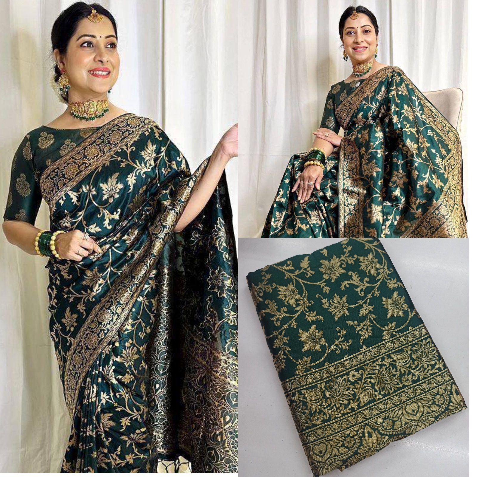 Dark Green Banarasi Lichi Silk Saree with Zari Work