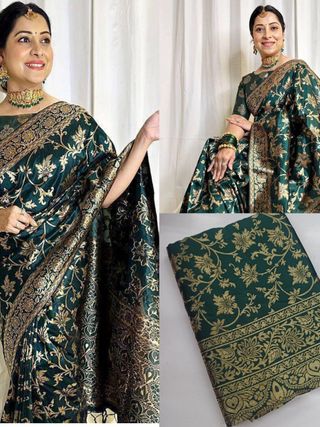 Dark Green Banarasi Lichi Silk Saree with Zari Work