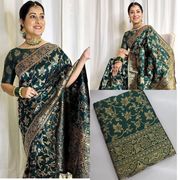 Dark Green Banarasi Lichi Silk Saree with Zari Work - Green