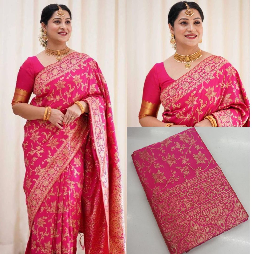 Rani Pink Banarasi Lichi Silk Saree with Zari Work