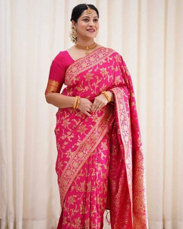 Rani Pink Banarasi Lichi Silk Saree with Zari Work