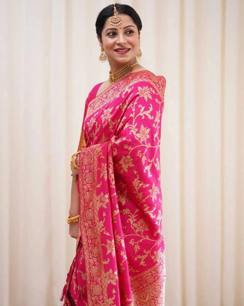 Rani Pink Banarasi Lichi Silk Saree with Zari Work