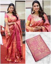 Pink Gold Banarasi Lichi Silk Saree with Rich Zari Work - Pink