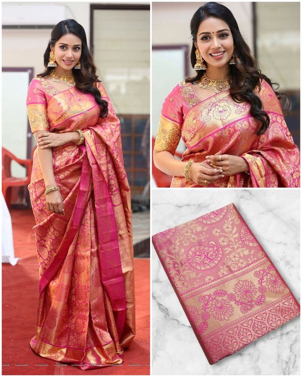 Pink Gold Banarasi Lichi Silk Saree with Rich Zari Work