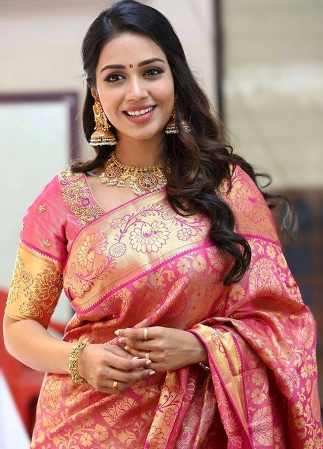 Pink Gold Banarasi Lichi Silk Saree with Rich Zari Work