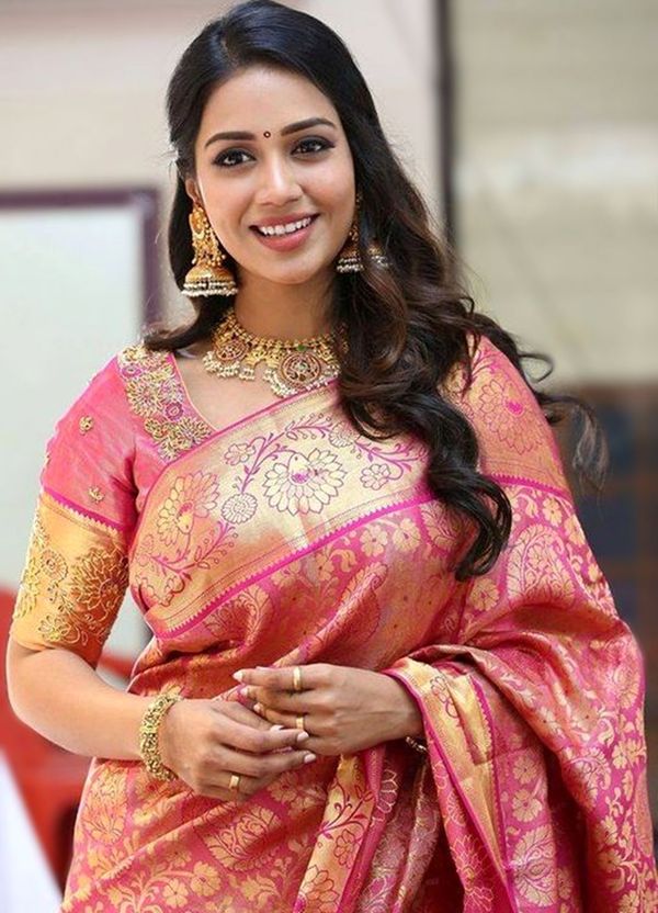 Pink Gold Banarasi Lichi Silk Saree with Rich Zari Work