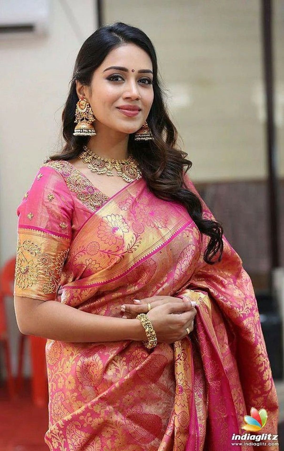 Pink Gold Banarasi Lichi Silk Saree with Rich Zari Work
