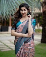 Pastel Peach Teal Banarasi Lichi Silk Saree Zari Work - Teal