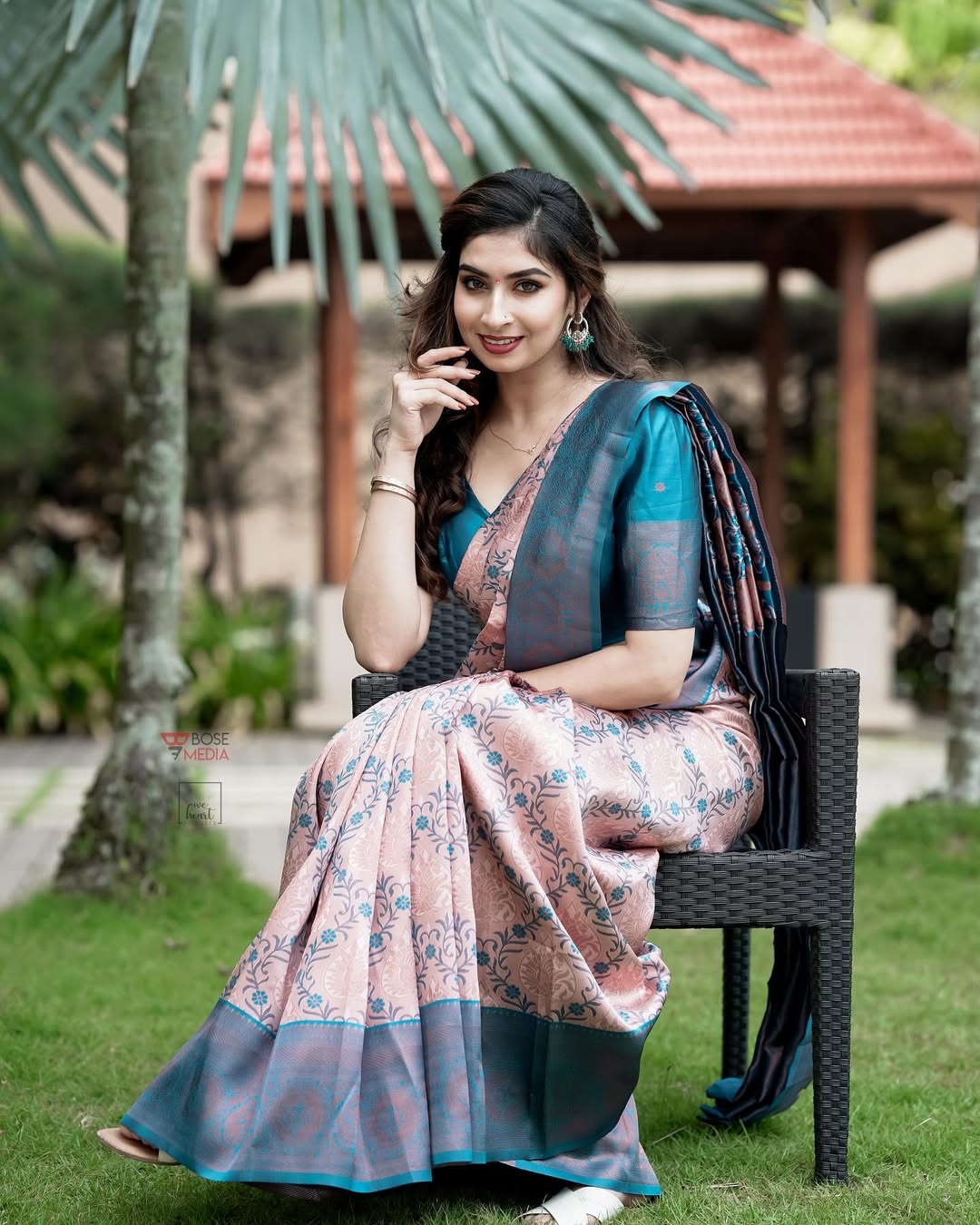 Pastel Peach Teal Banarasi Lichi Silk Saree Zari Work