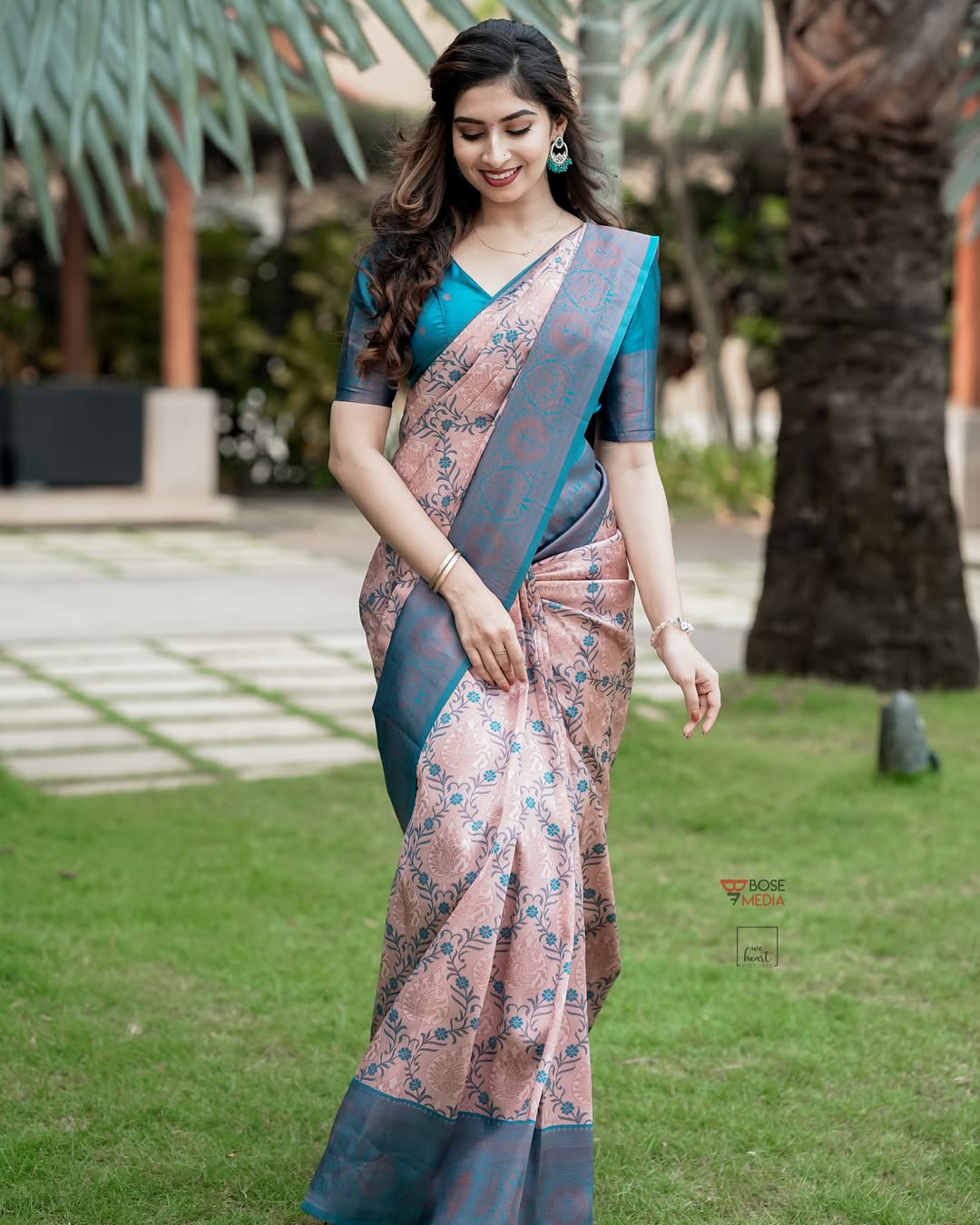 Pastel Peach Teal Banarasi Lichi Silk Saree Zari Work