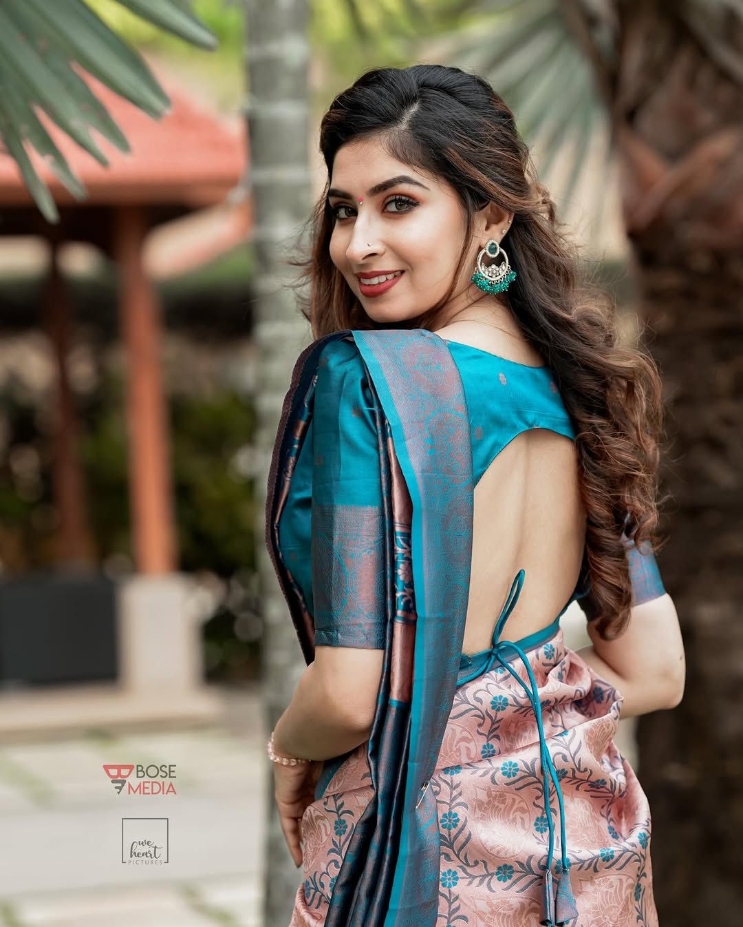 Pastel Peach Teal Banarasi Lichi Silk Saree Zari Work