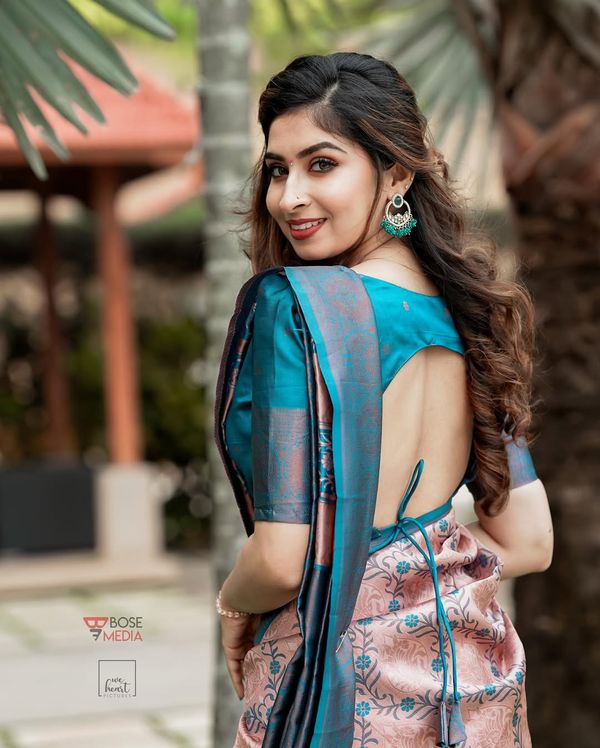 Pastel Peach Teal Banarasi Lichi Silk Saree Zari Work