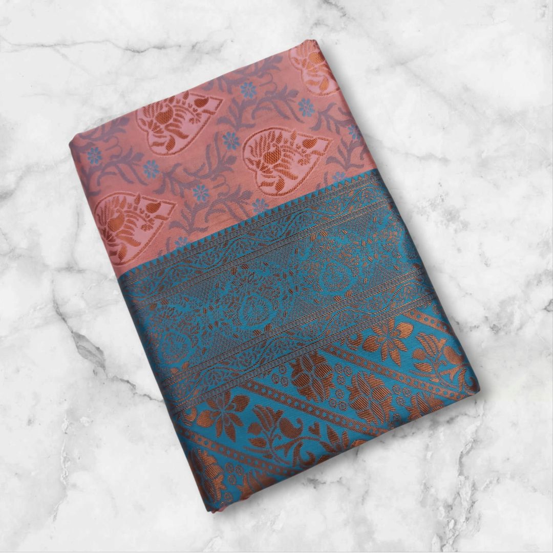 Pastel Peach Teal Banarasi Lichi Silk Saree Zari Work