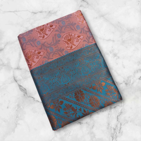 Pastel Peach Teal Banarasi Lichi Silk Saree Zari Work