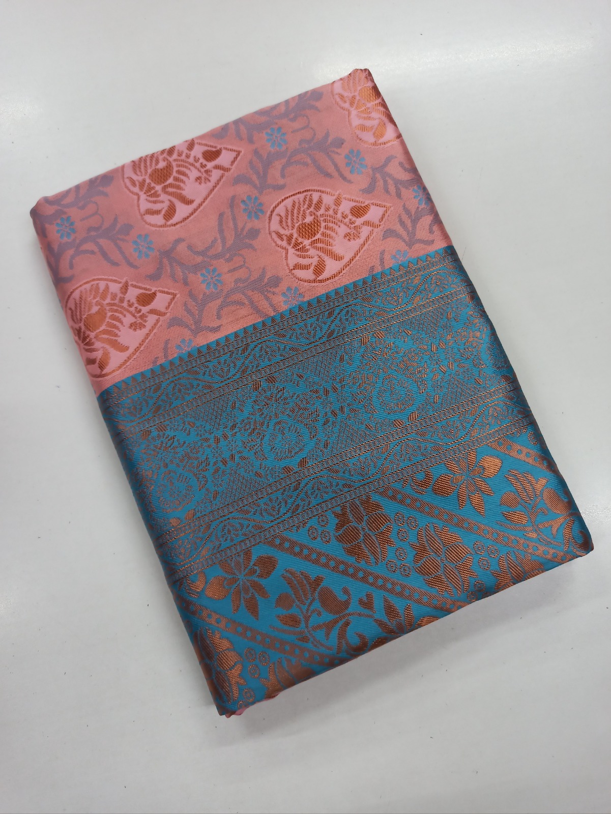 Pastel Peach Teal Banarasi Lichi Silk Saree Zari Work