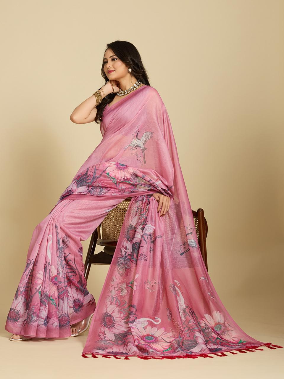 Elegant Pink Floral Cotton Designer Saree with Blouse
