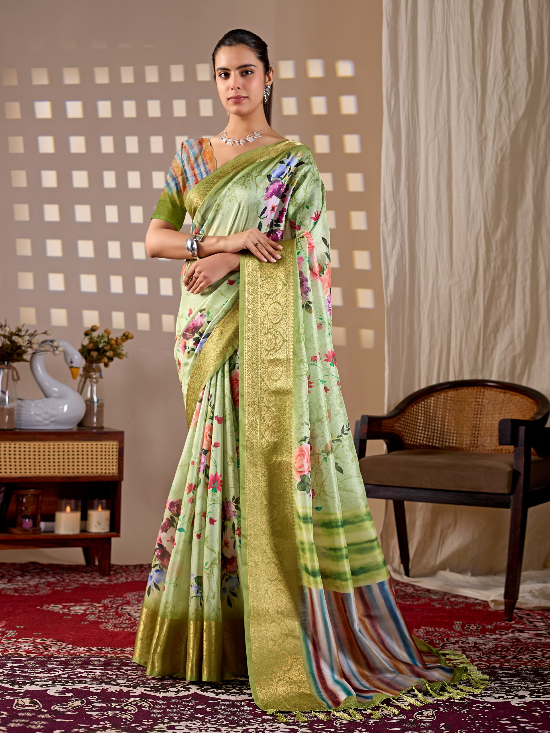 Elegant Green Floral Silk Saree with Golden Zari Border