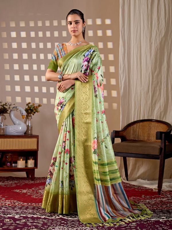 Elegant Green Floral Silk Saree with Golden Zari Border