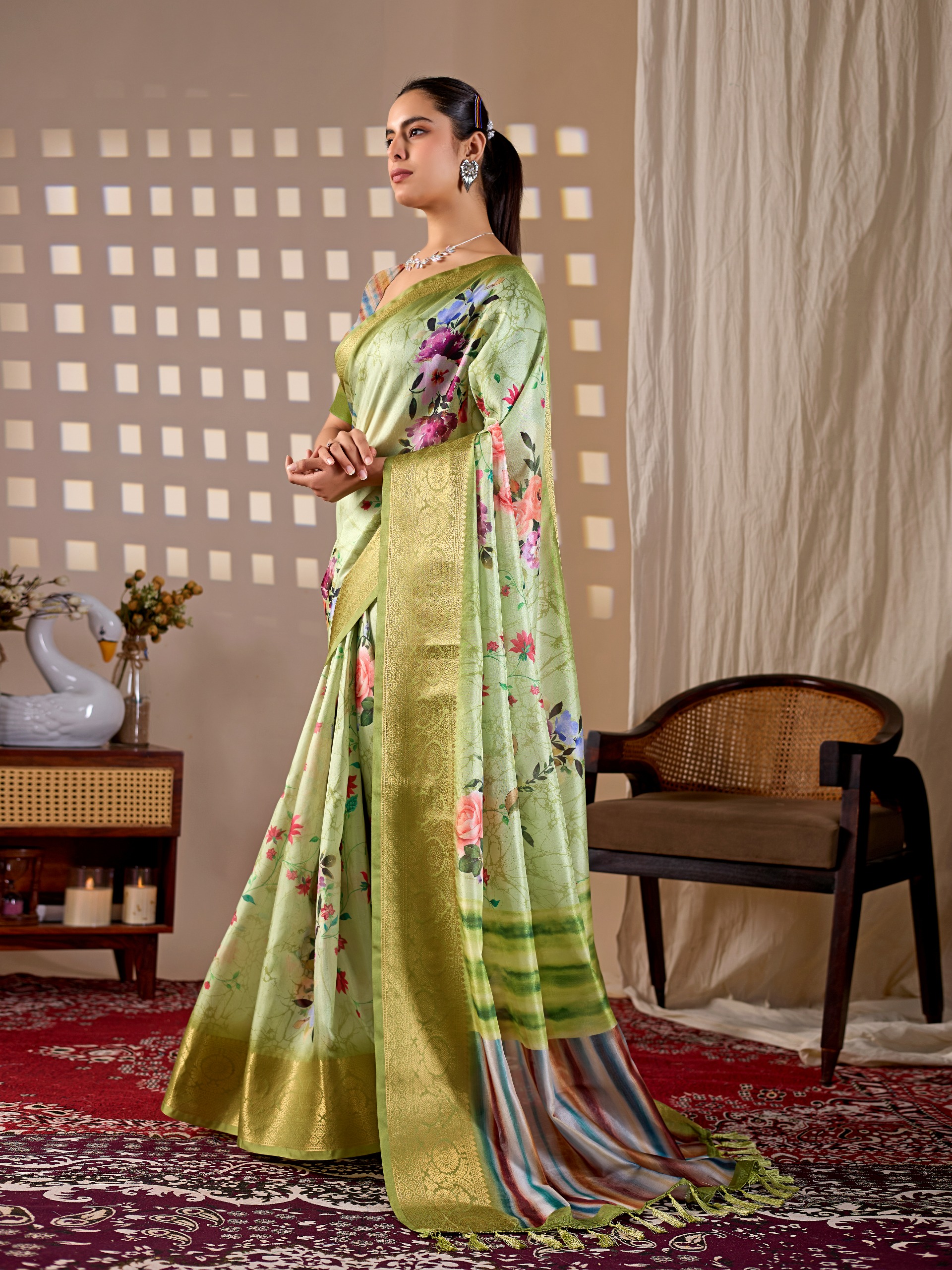 Elegant Green Floral Silk Saree with Golden Zari Border