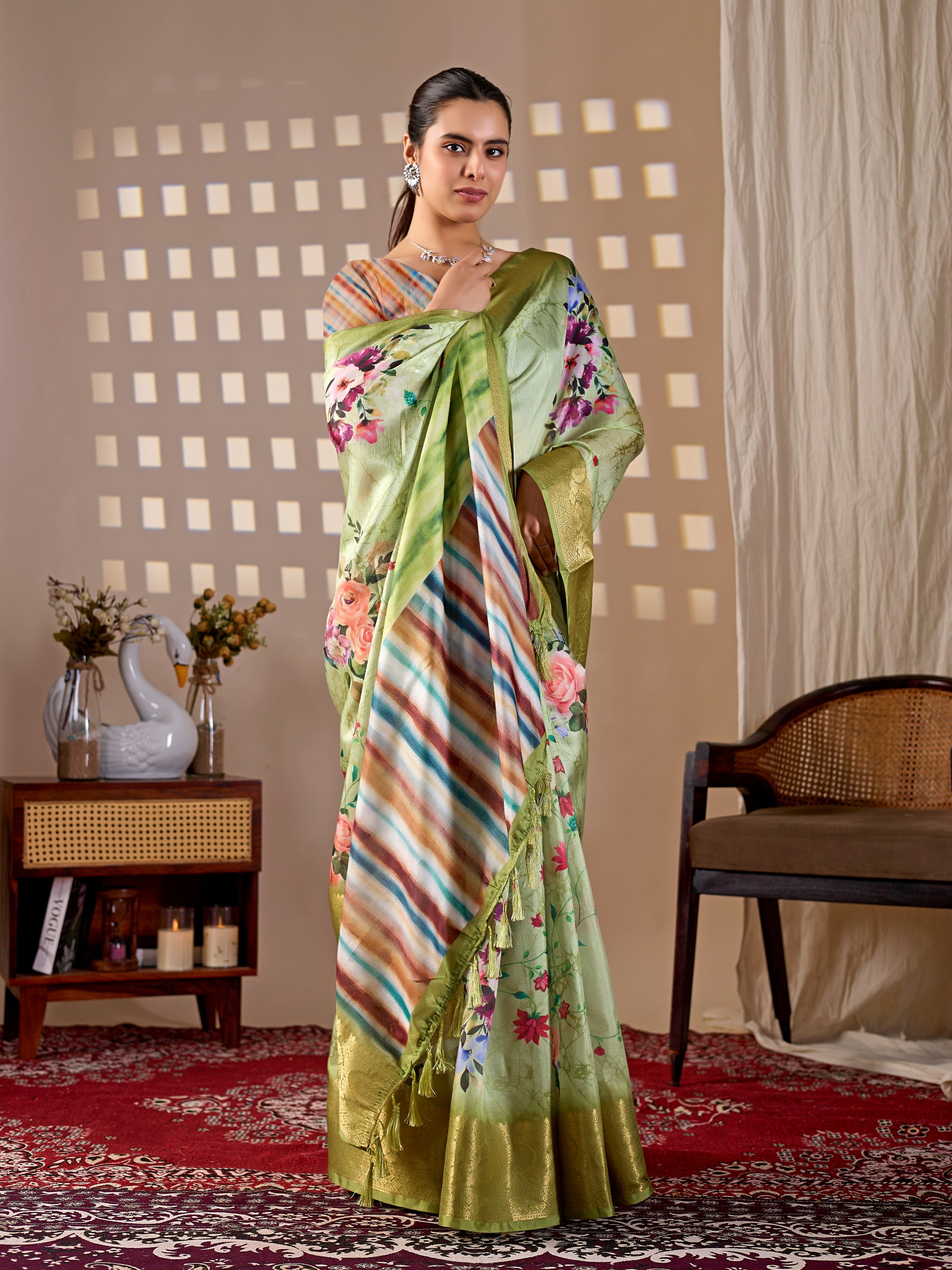 Elegant Green Floral Silk Saree with Golden Zari Border