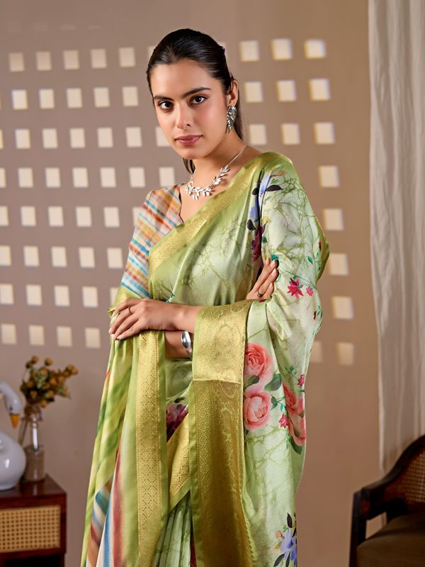 Elegant Green Floral Silk Saree with Golden Zari Border